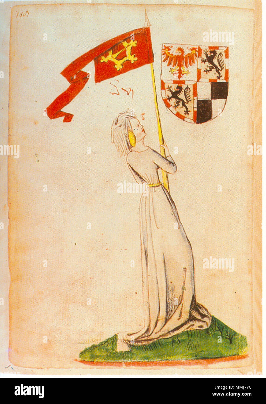 . Ingeram-Codex der ehemaligen Bibliothek Cotta Jungfrau mit dem Banner in der Fürspang, daneben das Wappen Brandenburg  . 1459. Hans Ingeram and a so called Exempla-master Ingeram Codex 145 Stock Photo