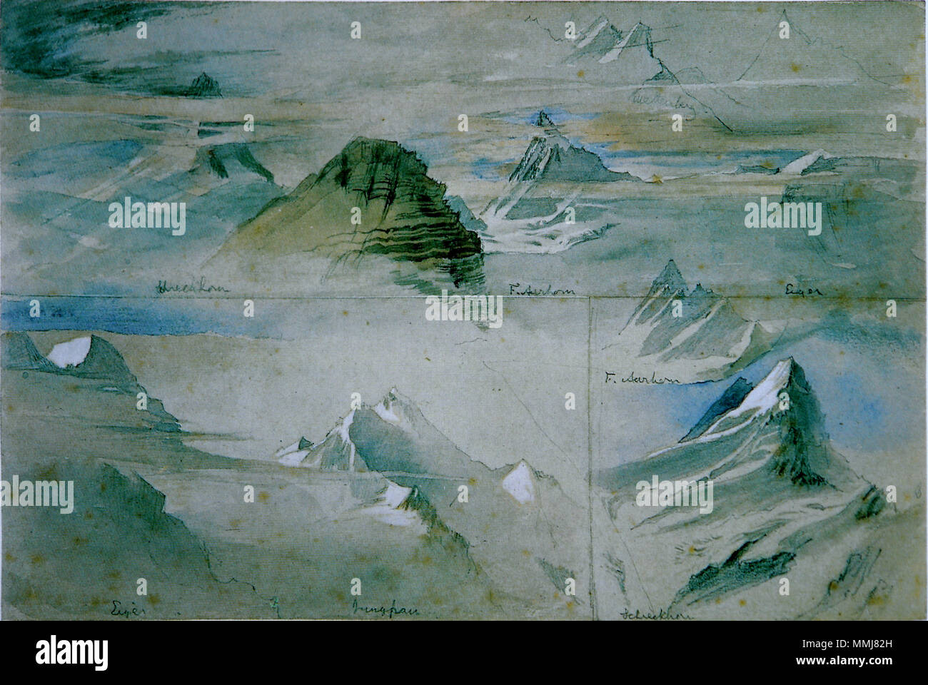 . Alpine Peaks. Pencil, watercolour and bodycolour on three joined sheets, 16.8 x 25.2 cm. Inscribed by Ruskin with names of peaks: Schreckhorn [twice], Finster, Aarhorn [twice], Mettenberg, Eiger [twice], Jungfrau.  . circa 1846.   John Ruskin  (1819–1900)       Alternative names Ruskin  Description British author, poet, artist and art critic  Date of birth/death 8 February 1819 20 January 1900  Location of birth/death London English: Brantwood, Lake District  Work location England, Venice, Switzerland, France  Authority control  : Q179126 VIAF:?73859585 ISNI:?0000 0001 2139 3446 ULAN:?500006 Stock Photo
