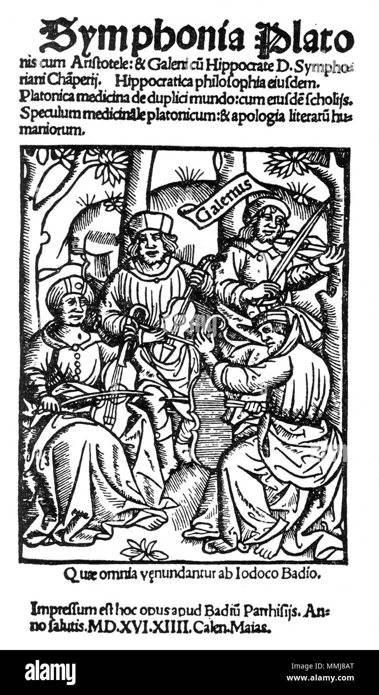 . 'Symphonia Plato': Plato, Aristotle, Hippocrates and Galen play a string quartet.  . 1516. Unknown AntiqueQuartet Stock Photo