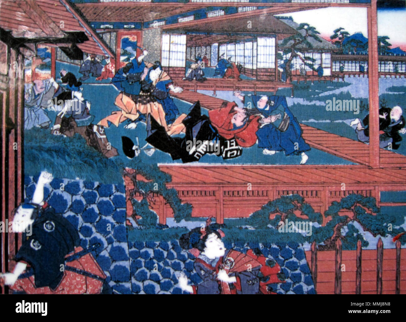 English Ukiyo E Scene From Chushingura Depicting The Assault Of Kira Yoshinaka By Asano Naganori In