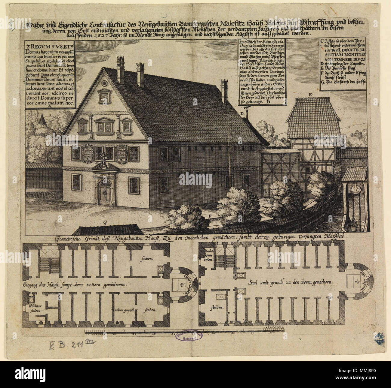 . Außenansicht mit Grundrissen des Bamberger Malefizhauses, in dem die der Hexerei Angeklagten gefangengehalten und peinlich verhört wurden. Kupferstich, 1627 (Staatsbibliothek Bamberg, V B 211-m)  . 1627. Unknown Bamberger Malefizhaus 1627 Staatsbiblithek Bamberg Stock Photo