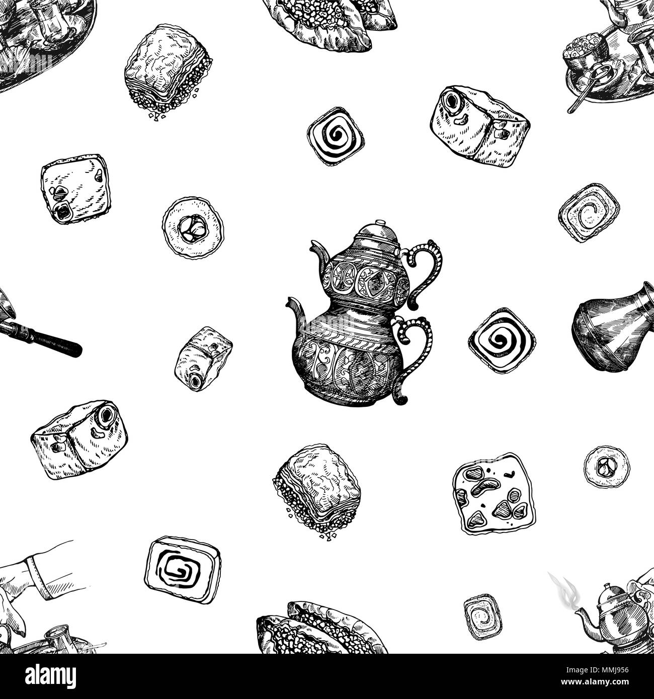 Seamless pattern of hand drawn sketch style Turkish delight, food, tea and coffee isolated on white background. Vector illustration. Stock Vector