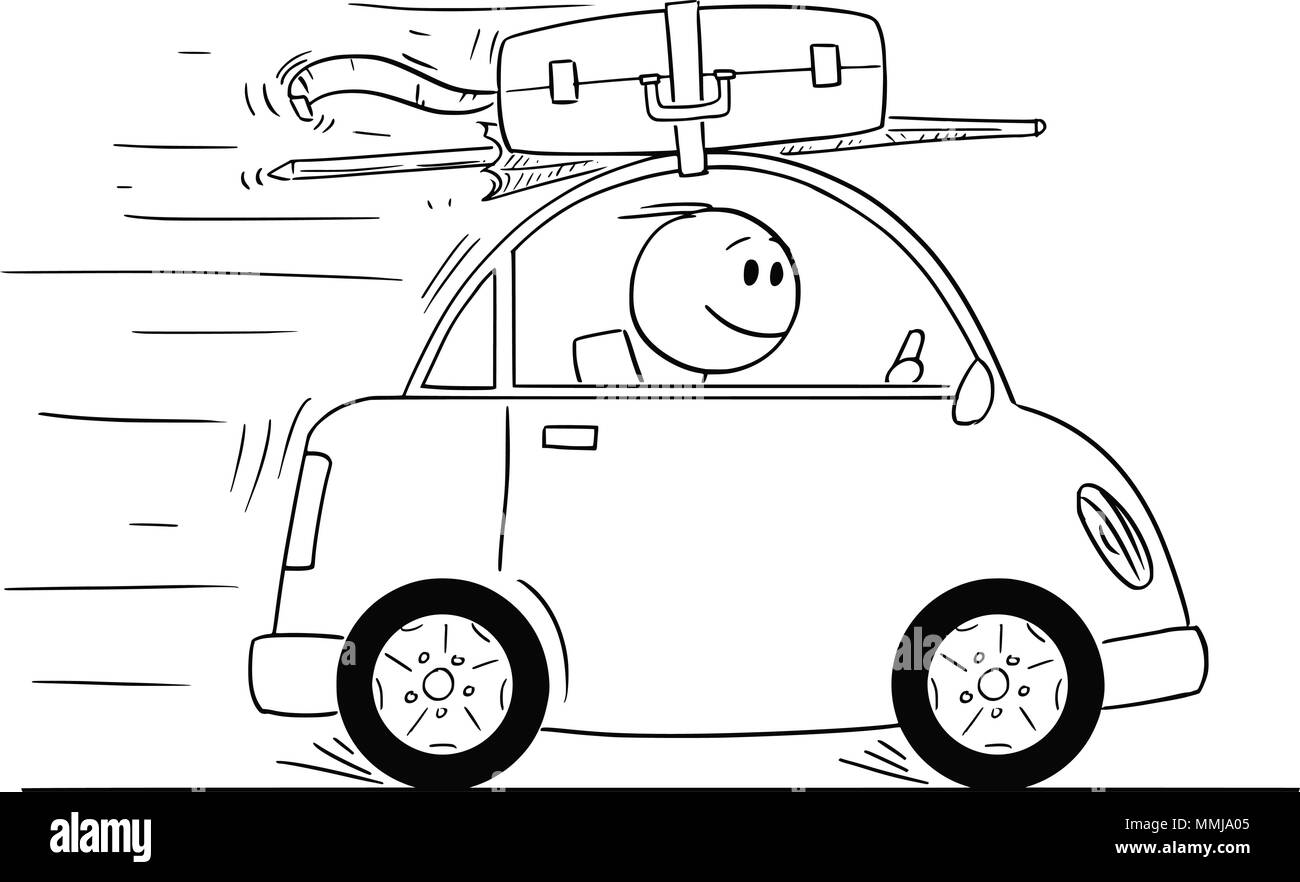 Cartoon of Smiling Man Going in Small Car On Vacation or Holiday Stock Vector