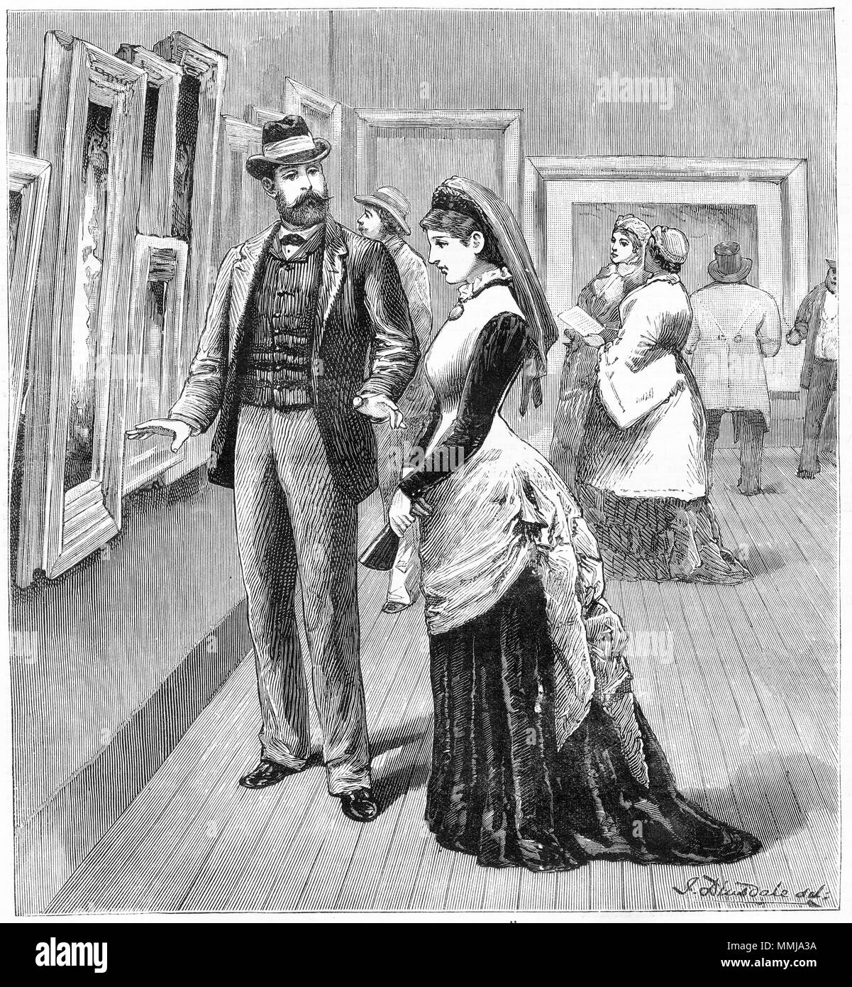 Engraving of a young couple from the Victorian era examining paintings in an art gallery. From an original engraving in the Girl's Own Paper magazine 1883. Stock Photo