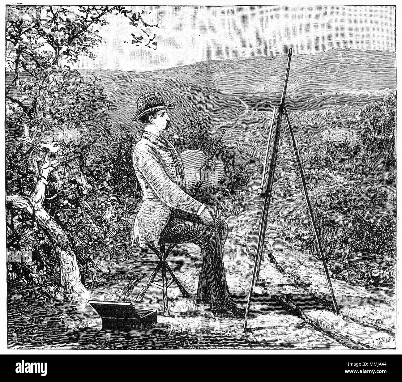 Engraving of a well-dressed artist at work on his canvas in the countryside. From an original engraving in the Girl's Own Paper magazine 1882. Stock Photo