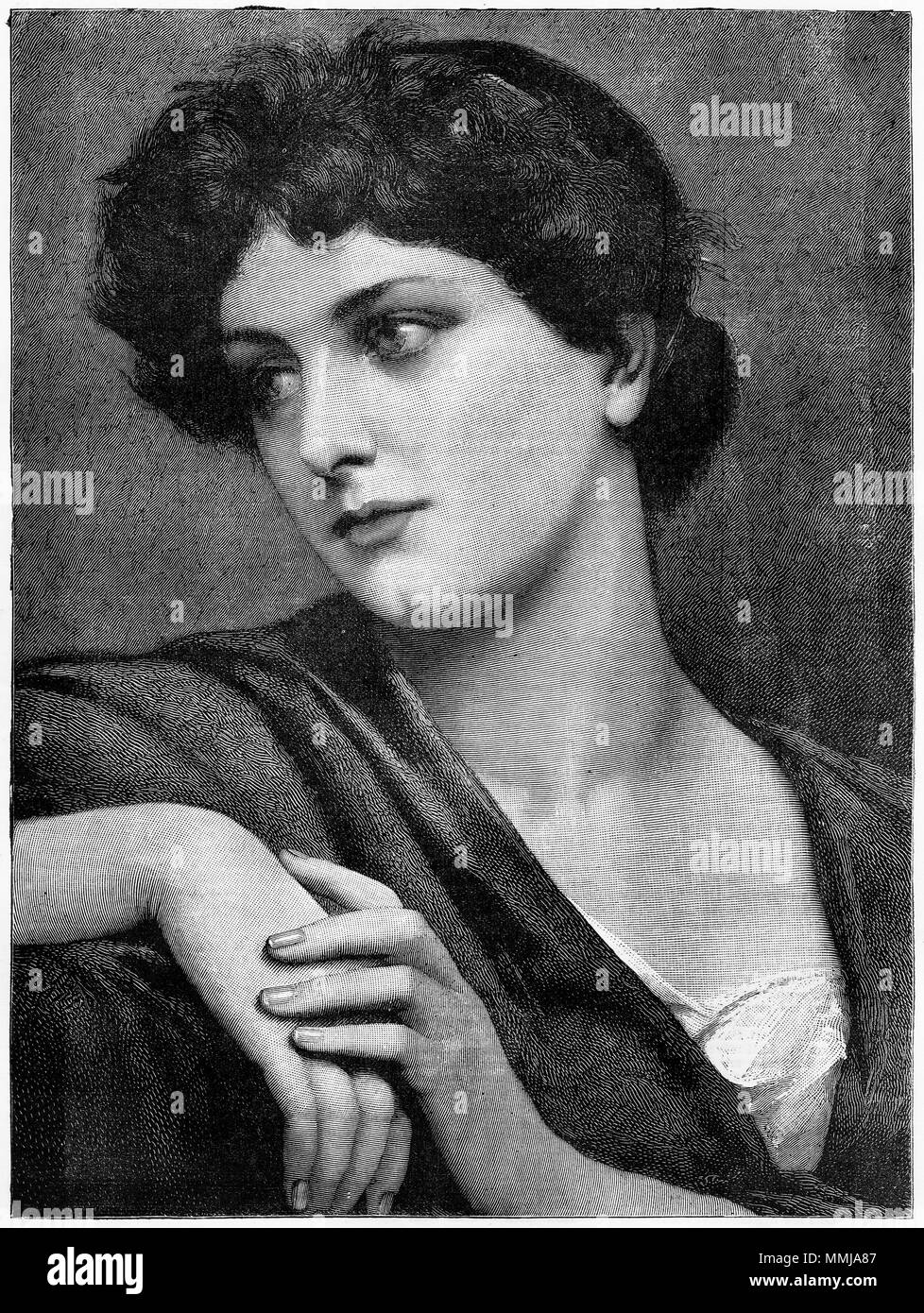 Engraving of a winsome young woman. From an original engraving in the Girl's Own Paper magazine 1883. Stock Photo