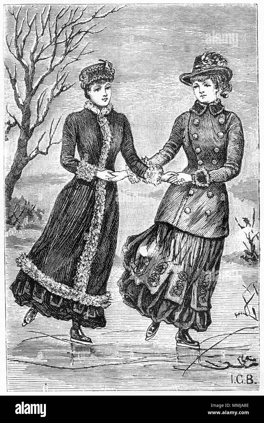 Engraving of two young women holding hands as they go ice skating. From an original engraving in the Girl's Own Paper magazine 1883. Stock Photo
