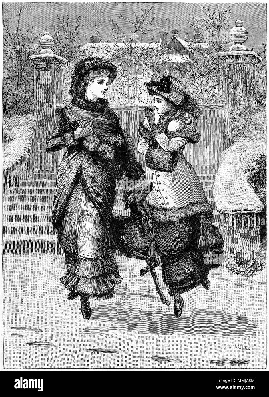 Engraving of two fashionably dressed young women enjoying a winter stroll with a greyhound. From an original engraving in the Girl's Own Paper magazine 1882. Stock Photo