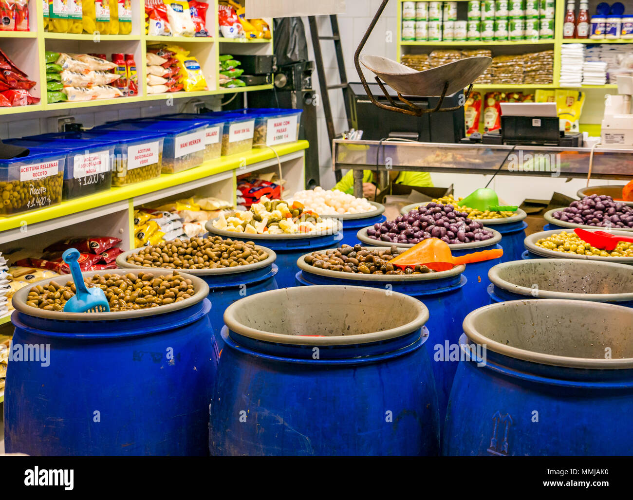 Display of olives in barrels, Patronata fruit and vegetable market