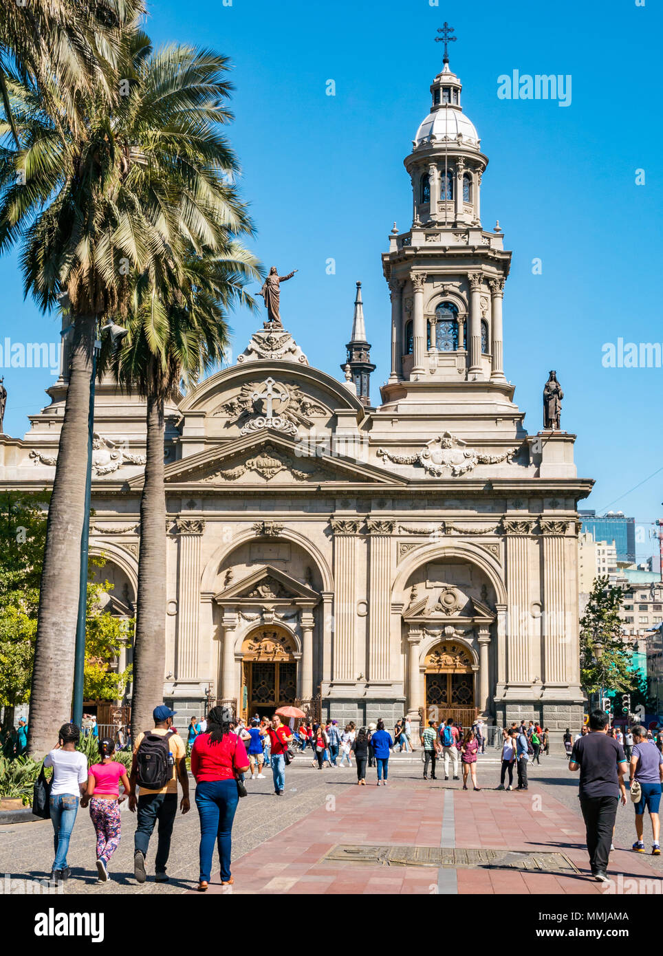 People walking in front of Metropolitan Cathedral, Plaza de Armas, Santiago, Chile, South America Stock Photo
