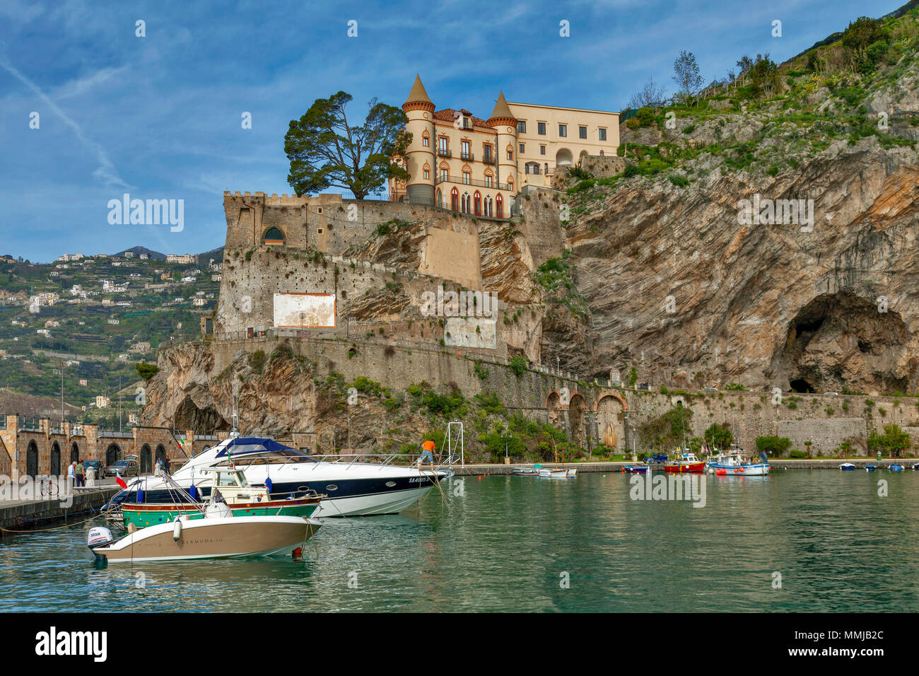 Port with Palazzo Mezzacapo, Maiori, Amalfi Coast, Province of Salerno, Campania, Italy Stock Photo