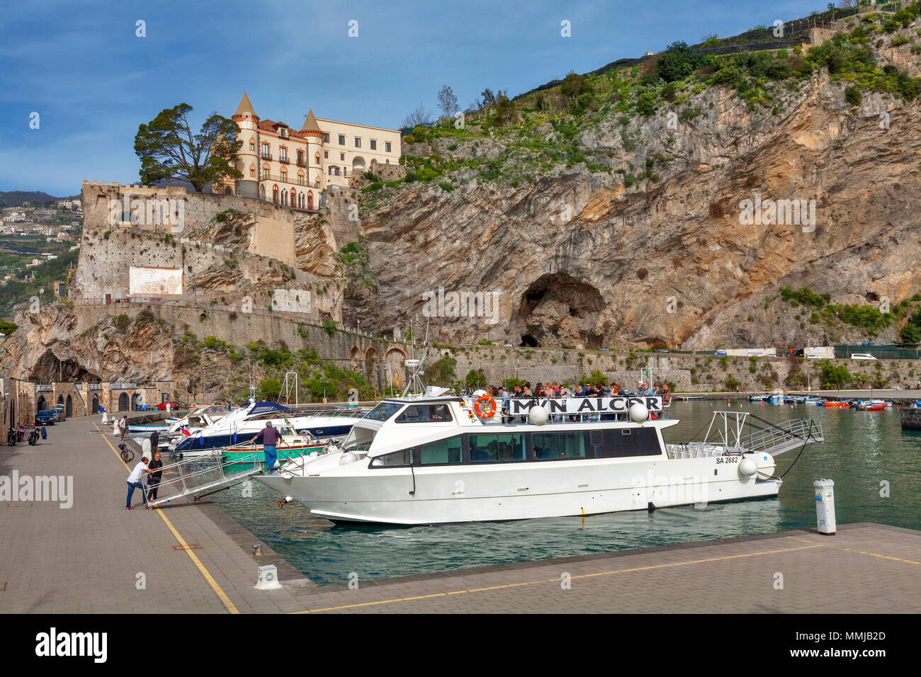 Port with Palazzo Mezzacapo, Maiori, Amalfi Coast, Province of Salerno, Campania, Italy Stock Photo