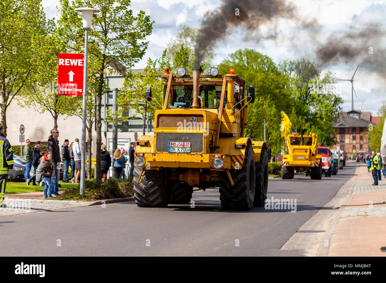 ALTENTREPTOW MECKLENBURG- WEST POMERANIA - MAY 1, 2018: Russian Kirowez K 700 tractor drives on street at an oldtimer show Stock Photo