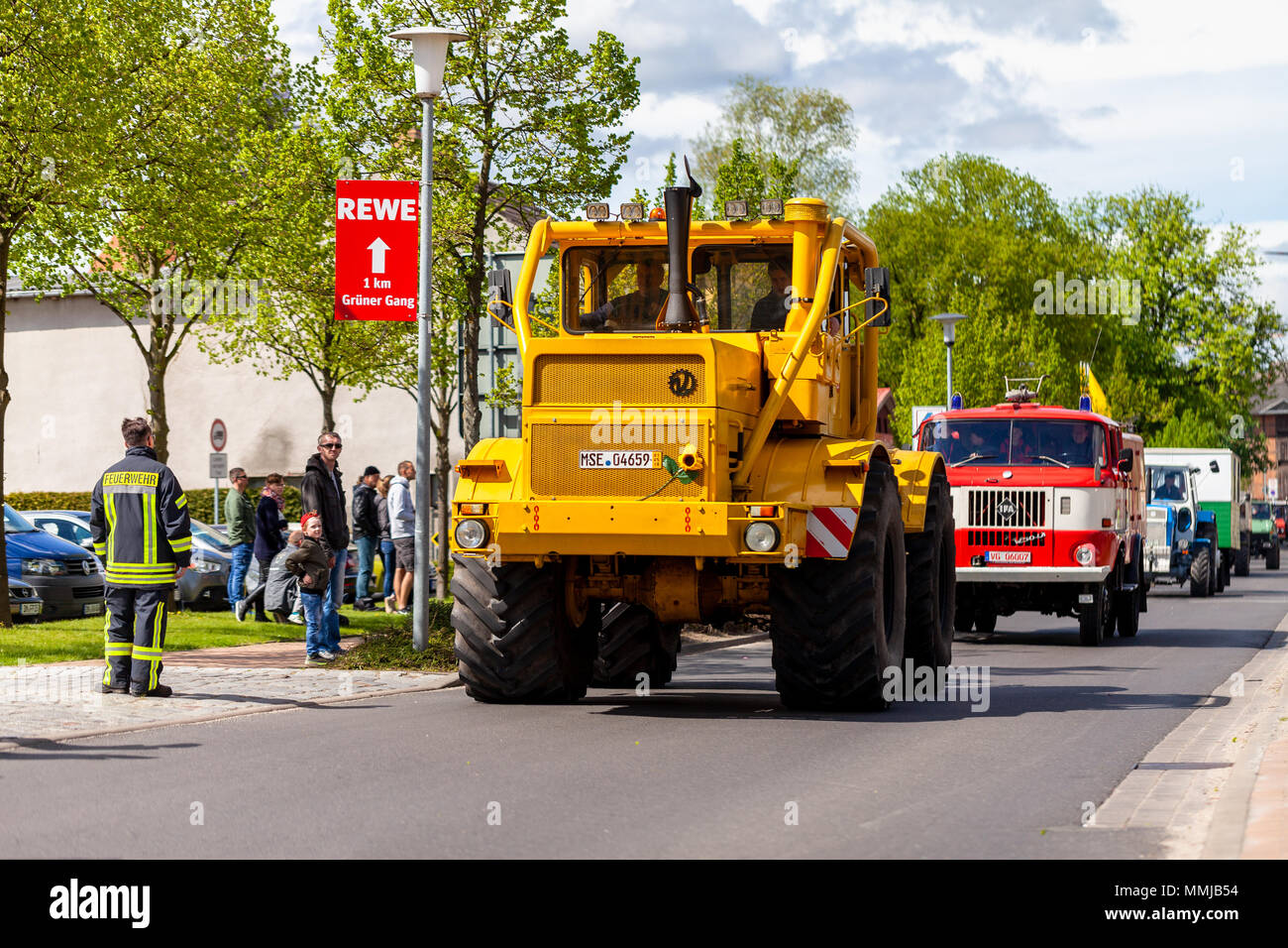 ALTENTREPTOW MECKLENBURG- WEST POMERANIA - MAY 1, 2018: Russian Kirowez K 700A tractor drives on street at an oldtimer show Stock Photo