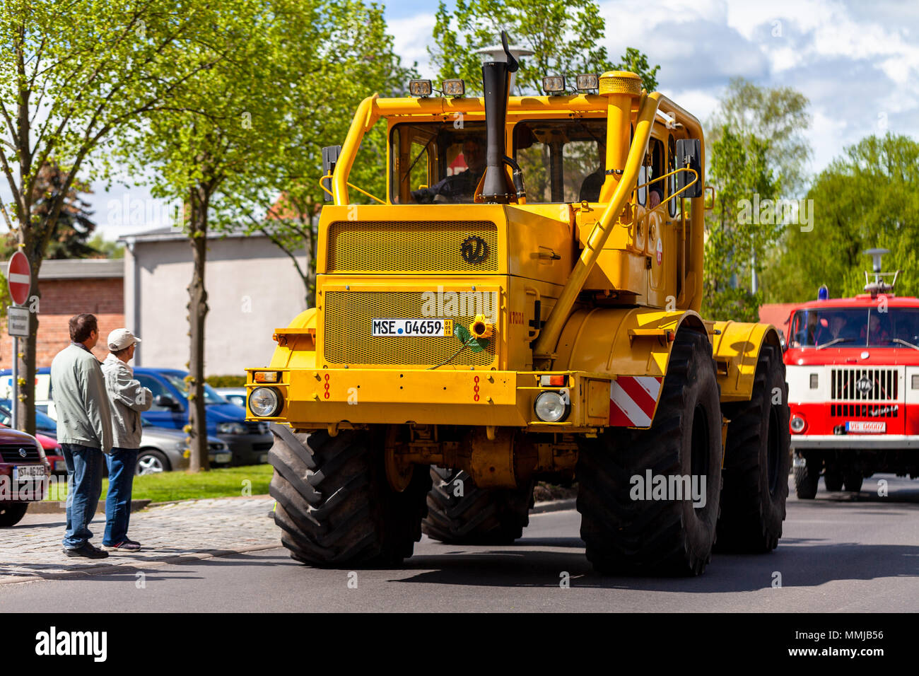 ALTENTREPTOW MECKLENBURG- WEST POMERANIA - MAY 1, 2018: Russian Kirowez K 700A tractor drives on street at an oldtimer show Stock Photo