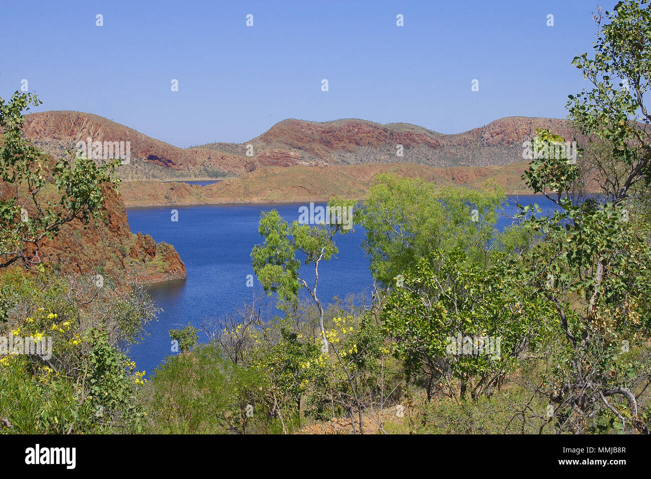 Lake Argyle is WA's largest and Australia's second largest freshwater man-made reservoir by volume. The reservoir is part of the Ord River Scheme. Stock Photo