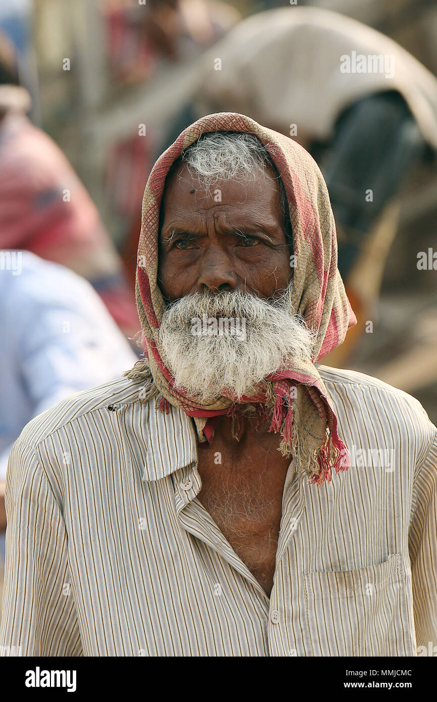 Old Man at Piparaya Railway Station, India Stock Photo