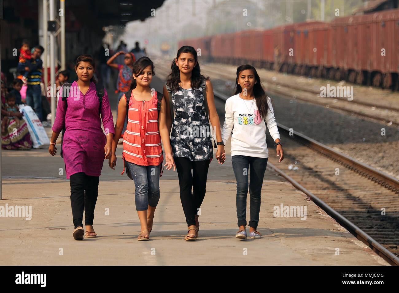 People at Piparaya Railway Station, India Stock Photo