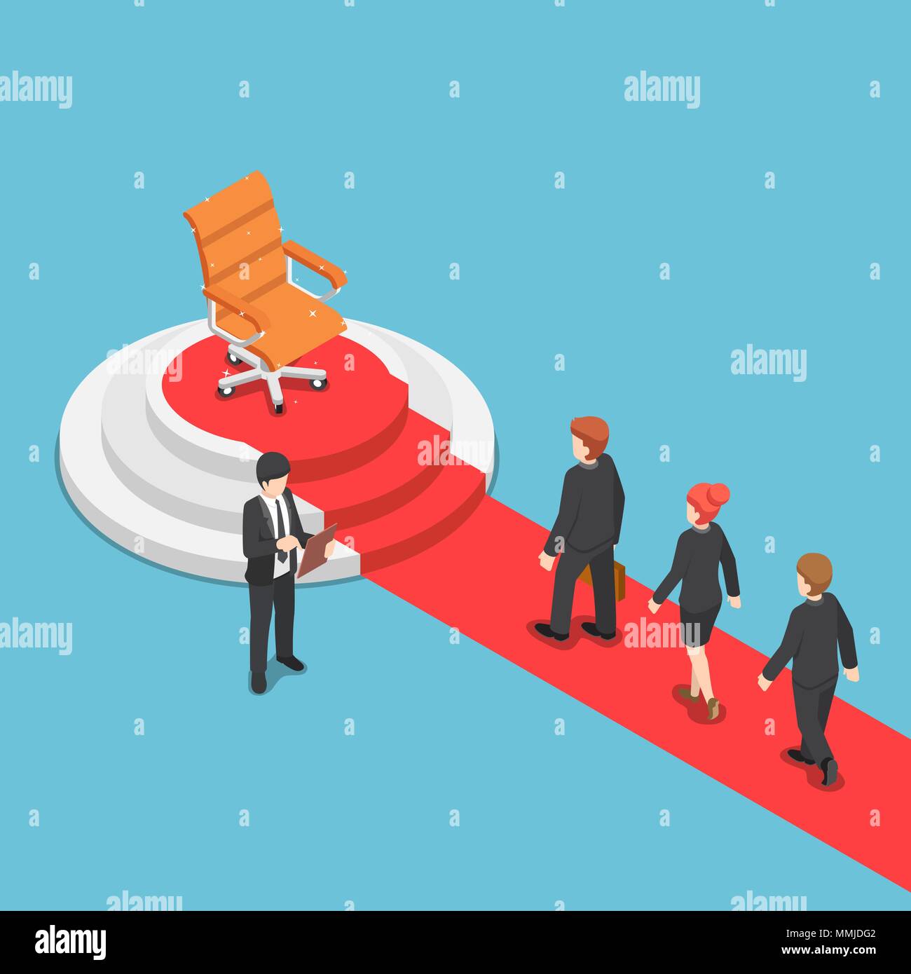 Flat 3d isometric businessman in a queue for job recruitment with empty chair on pedestal and red carpet. Job interview and human resource concept. Stock Vector