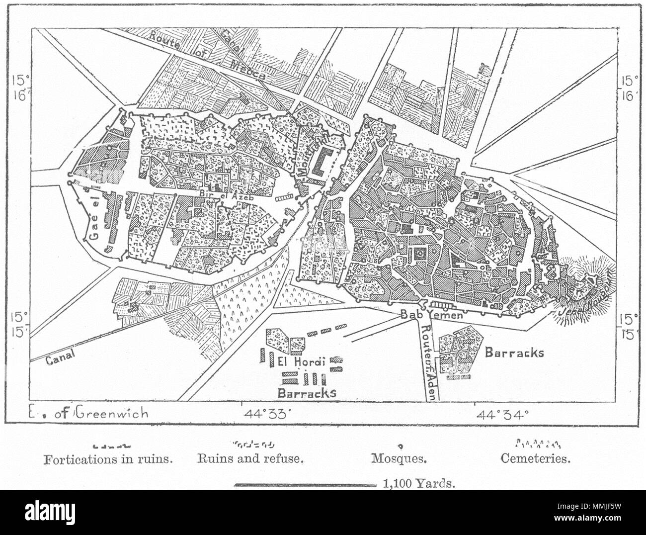 YEMEN. Sana'a, sketch map c1885 old antique vintage plan chart Stock Photo