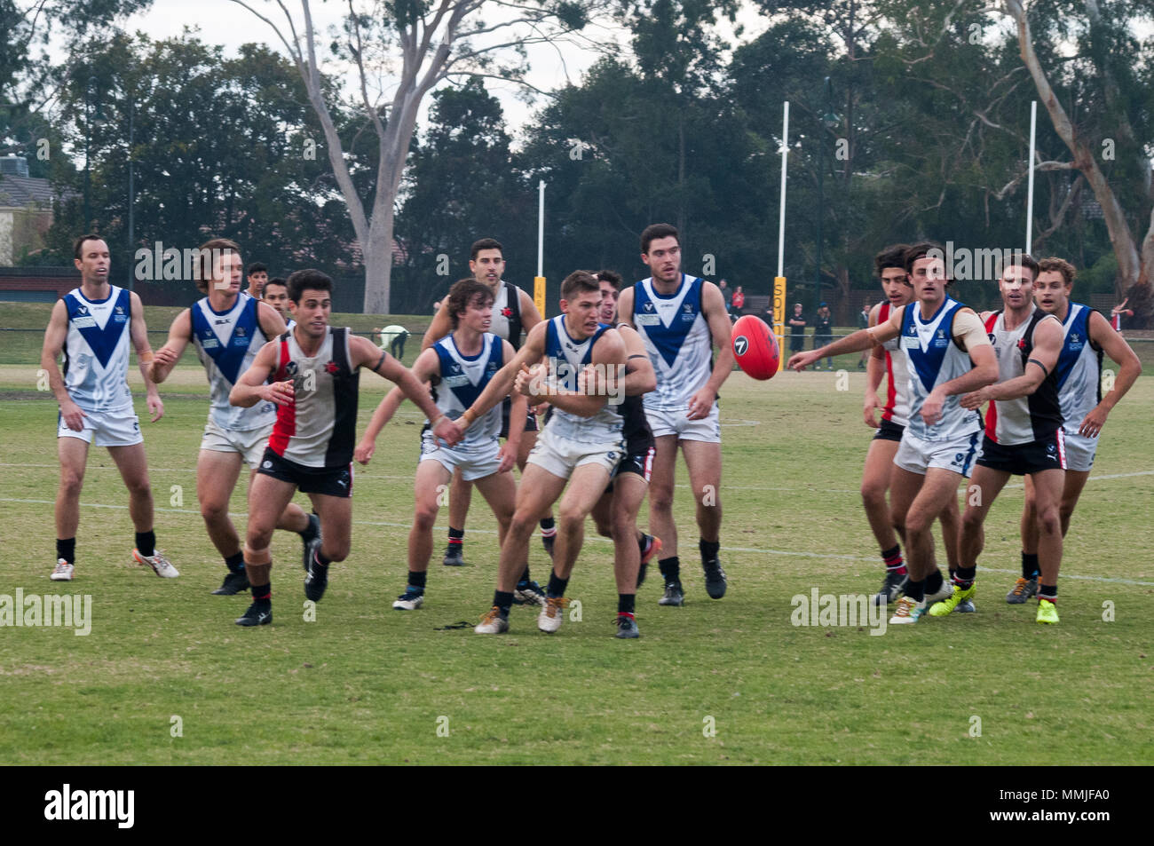 Australian Rules amateur football match at Princes Park, South Caulfield, Melbourne. The 'Aussie Rules' code originated in 19th century Melbourne. Stock Photo
