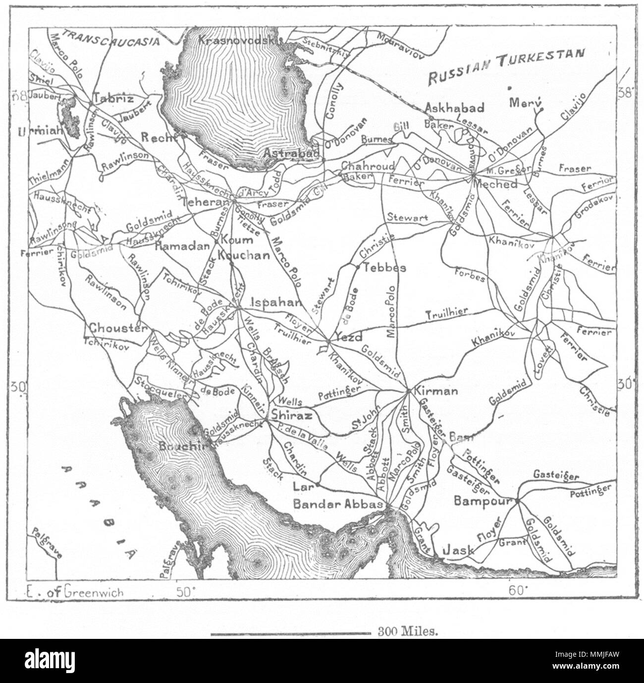 IRAN. Explorers routes since Marco Polo, sketch map c1885 old antique Stock  Photo - Alamy