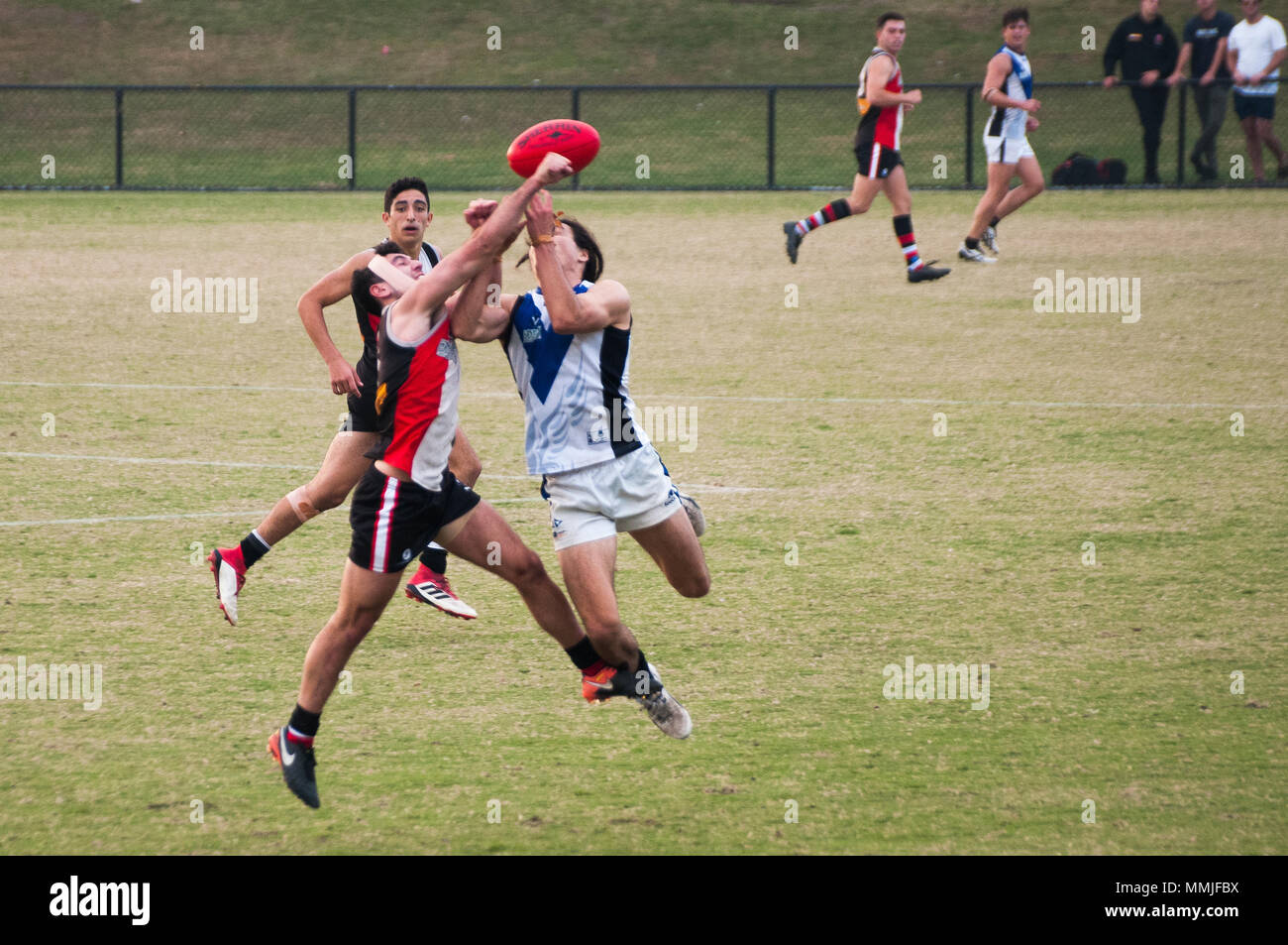Australian Rules amateur football match at Princes Park, South Caulfield, Melbourne. The 'Aussie Rules' code originated in 19th century Melbourne. Stock Photo