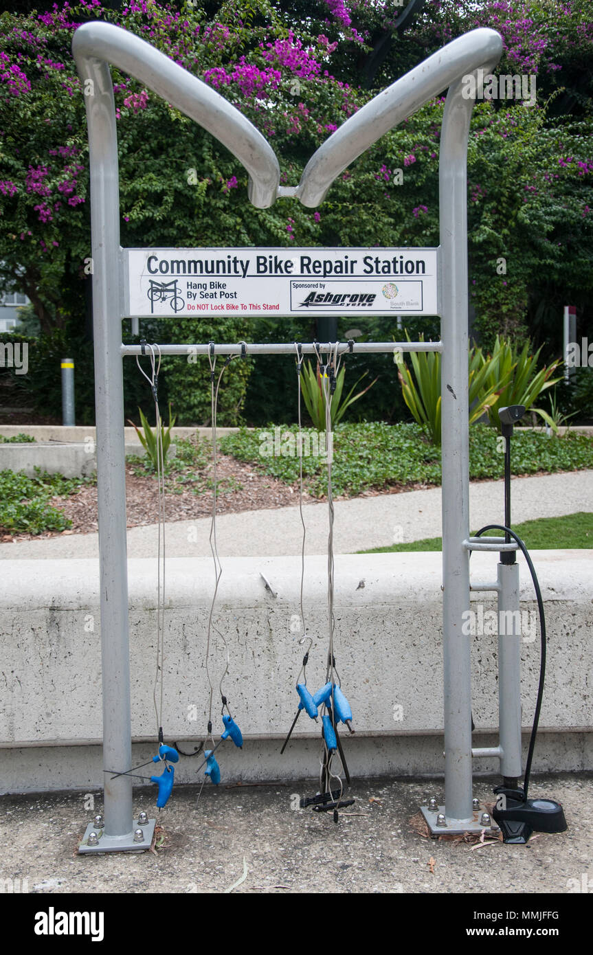 Bike Repair Station along the riverfront path on South Bank, Brisbane, Queensland, Australia Stock Photo