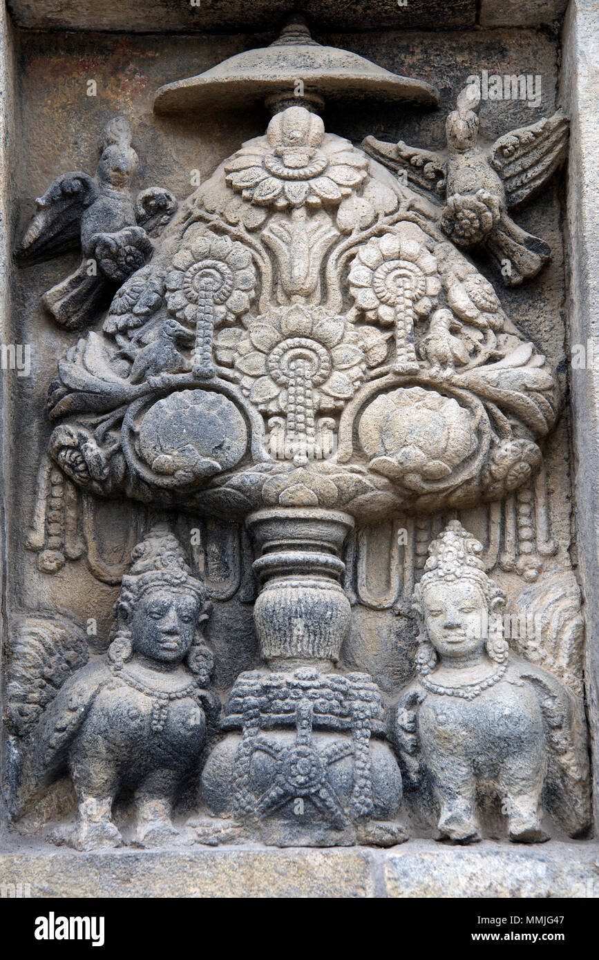 Stone carving kalpataru tree with Kinara and Kinari mythical birds Shiva temple Prambanan complex Central Java Indonesia Stock Photo
