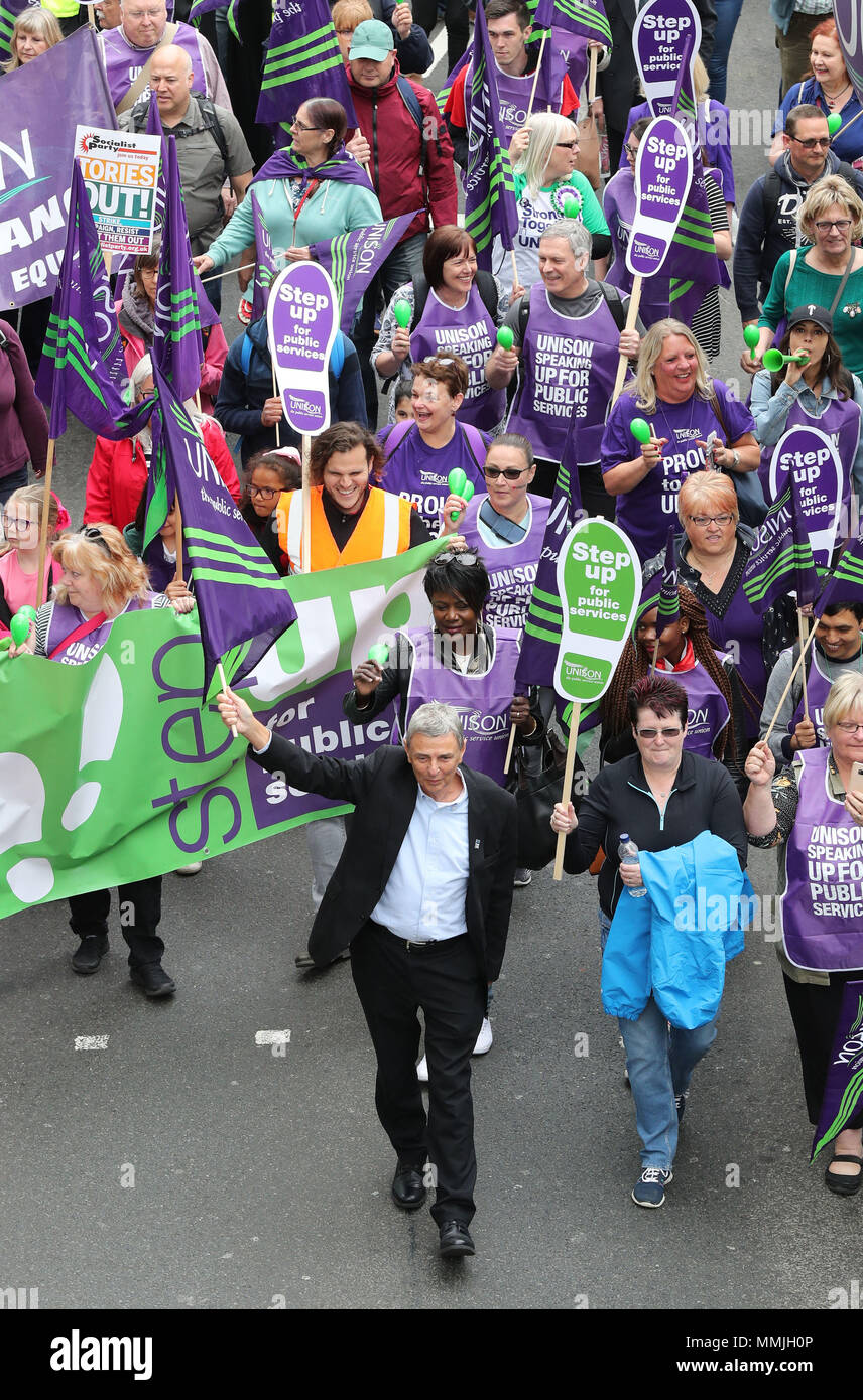 General secretary of Unison Dave Prentis (front centre) during a TUC rally in central London, as part of its 'great jobs' campaign. Stock Photo