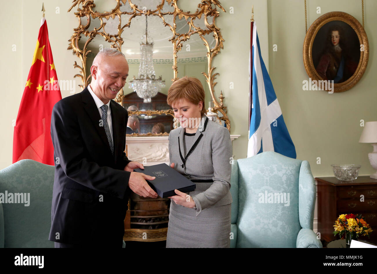 First Minister Nicola Sturgeon meets with Party Secretary of Beijing Mr Cai Qi in the Drawing Room at Bute House, Edinburgh, ahead of a Chinese government delegation meeting. Stock Photo