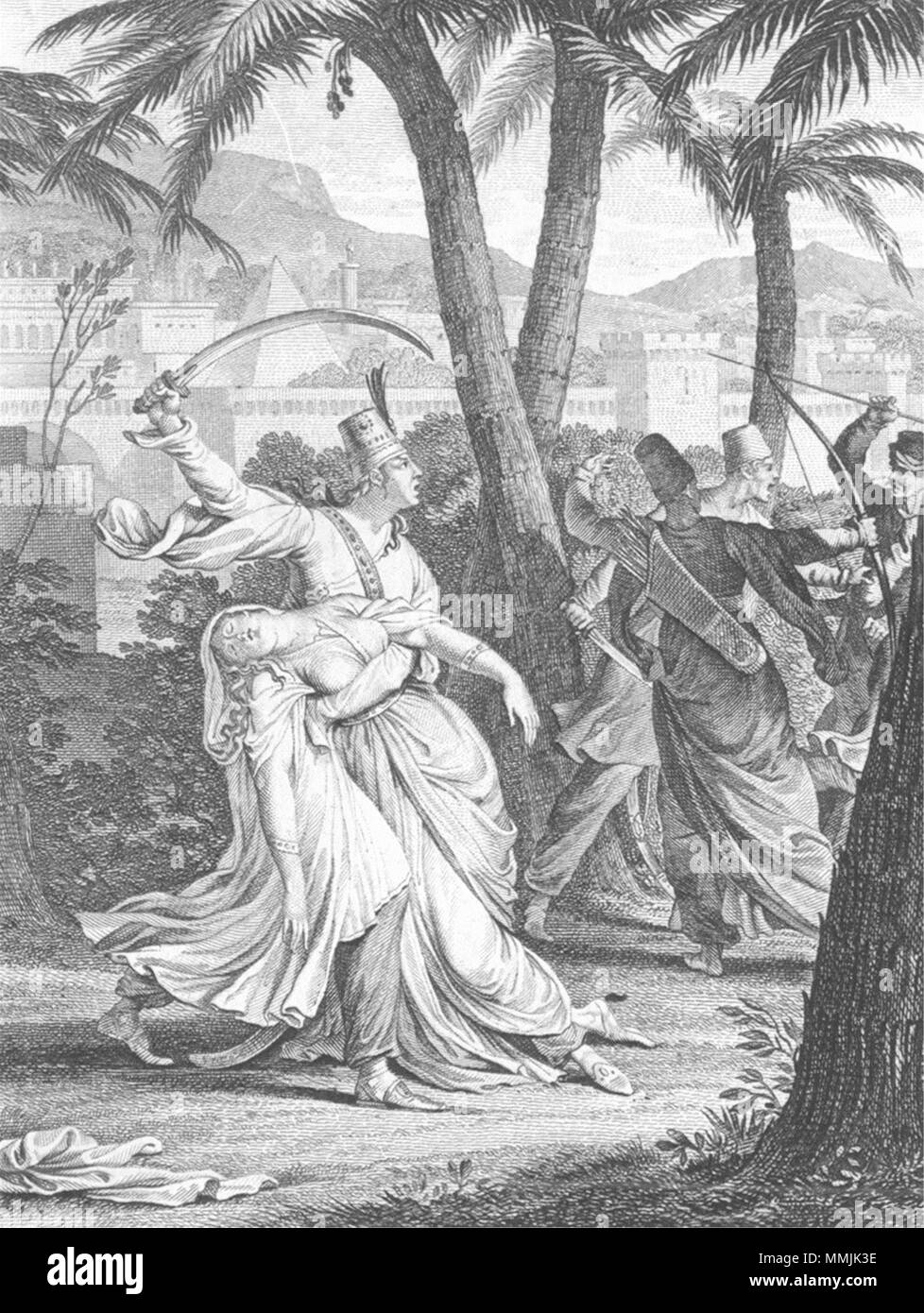 ZADIG. Lady fainted swords bow arrow Babylon c1800 old antique print picture Stock Photo