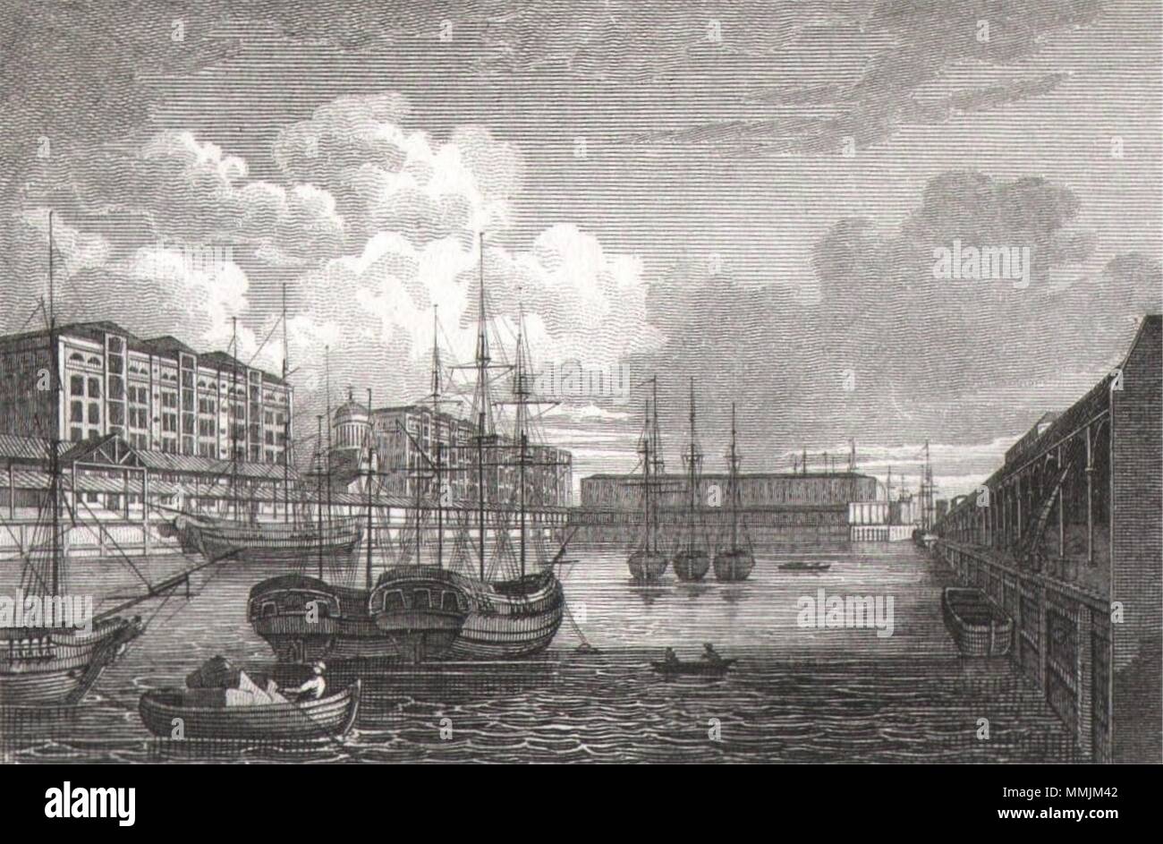 West India Import Dock, London. Canary Wharf. Antique engraved print 1817 Stock Photo