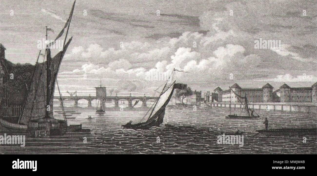 Vauxhall Bridge and Penitentiary, Millbank, London. Antique engraved print 1817 Stock Photo
