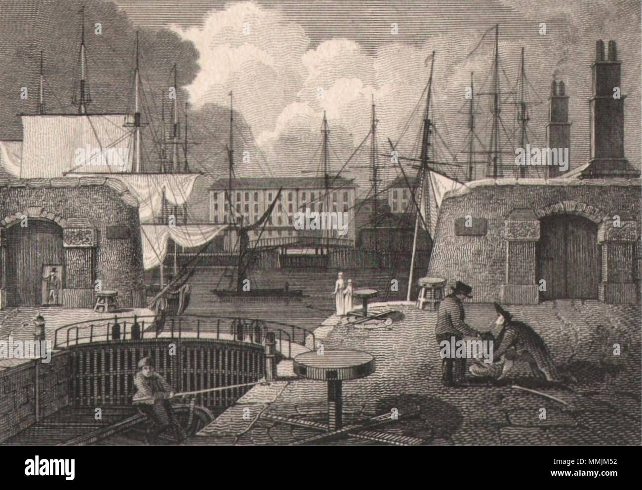 The shipping entrance, London Docks, London. Antique engraved print 1817 Stock Photo