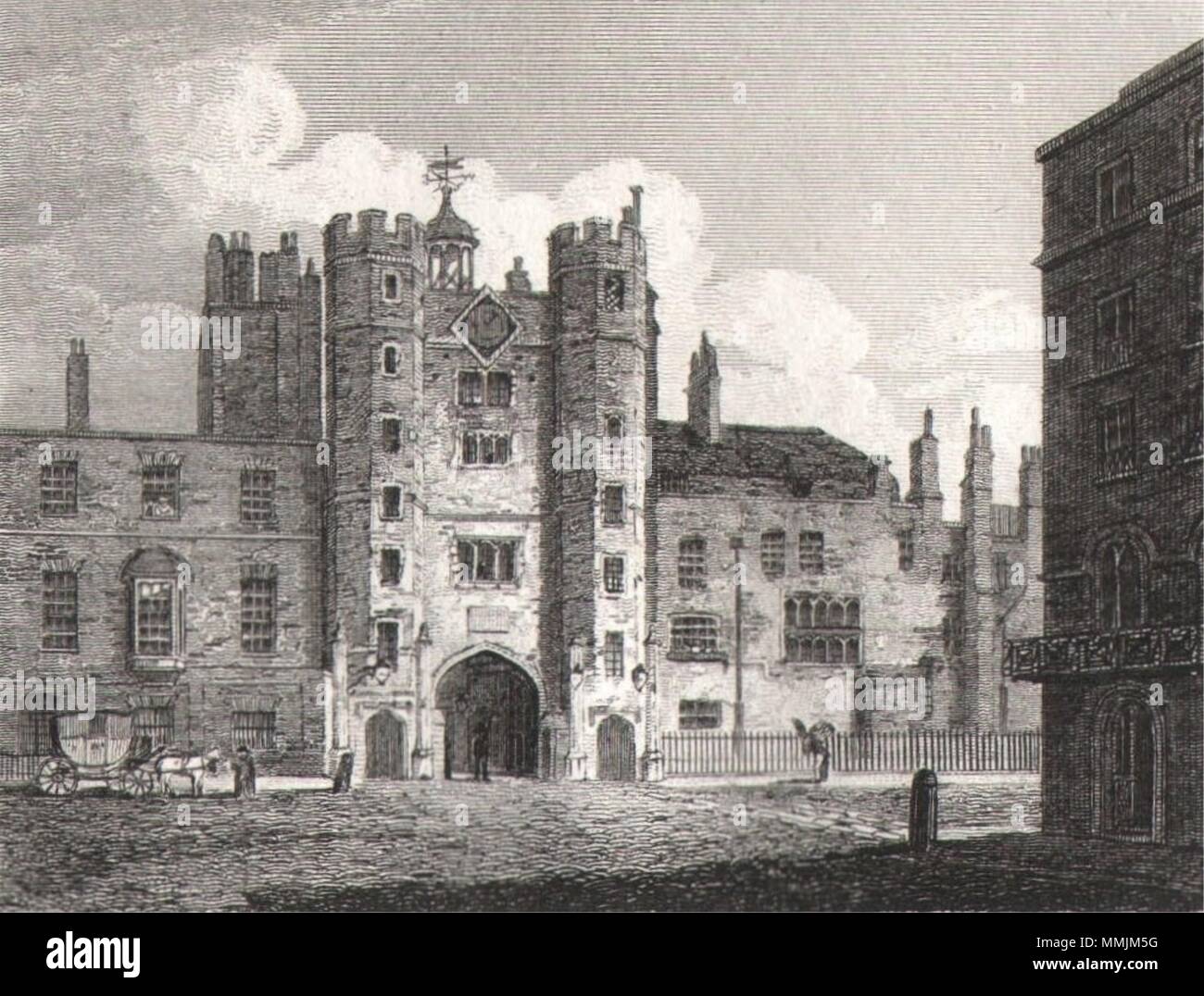 St James's Palace from Pall Mall, London. Antique engraved print 1817 Stock Photo