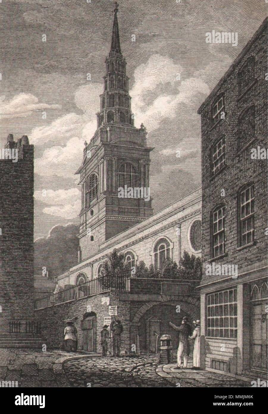 St. Bride's Church, Fleet Street, London. Antique engraved print 1817 Stock Photo