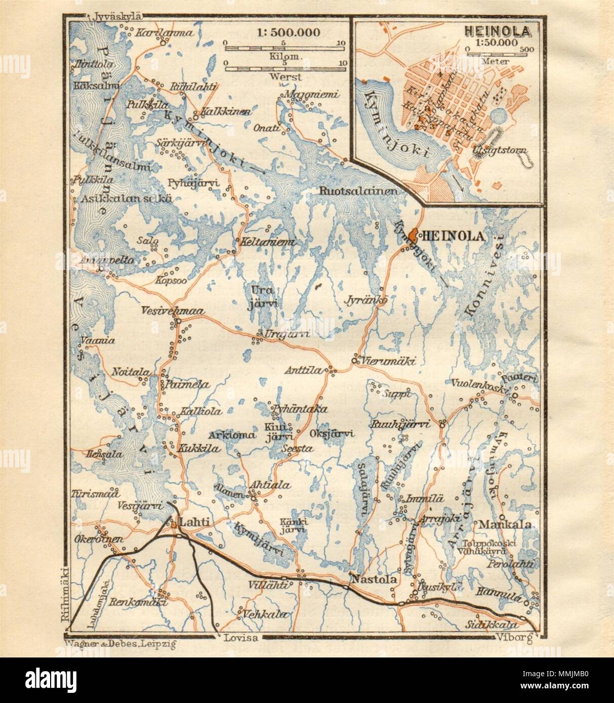Heinola & Päijänne Tavastia, Finland. BAEDEKER 1912 old antique map plan chart Stock Photo