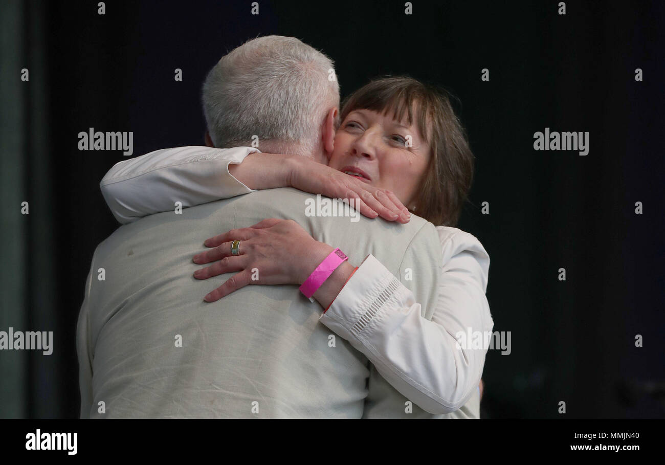 Labour leader Jeremy Corbyn hugs TUC General secretary Frances O'Grady after addressing TUC supporters in rally in central London, as part of the 'great jobs' campaign. Stock Photo