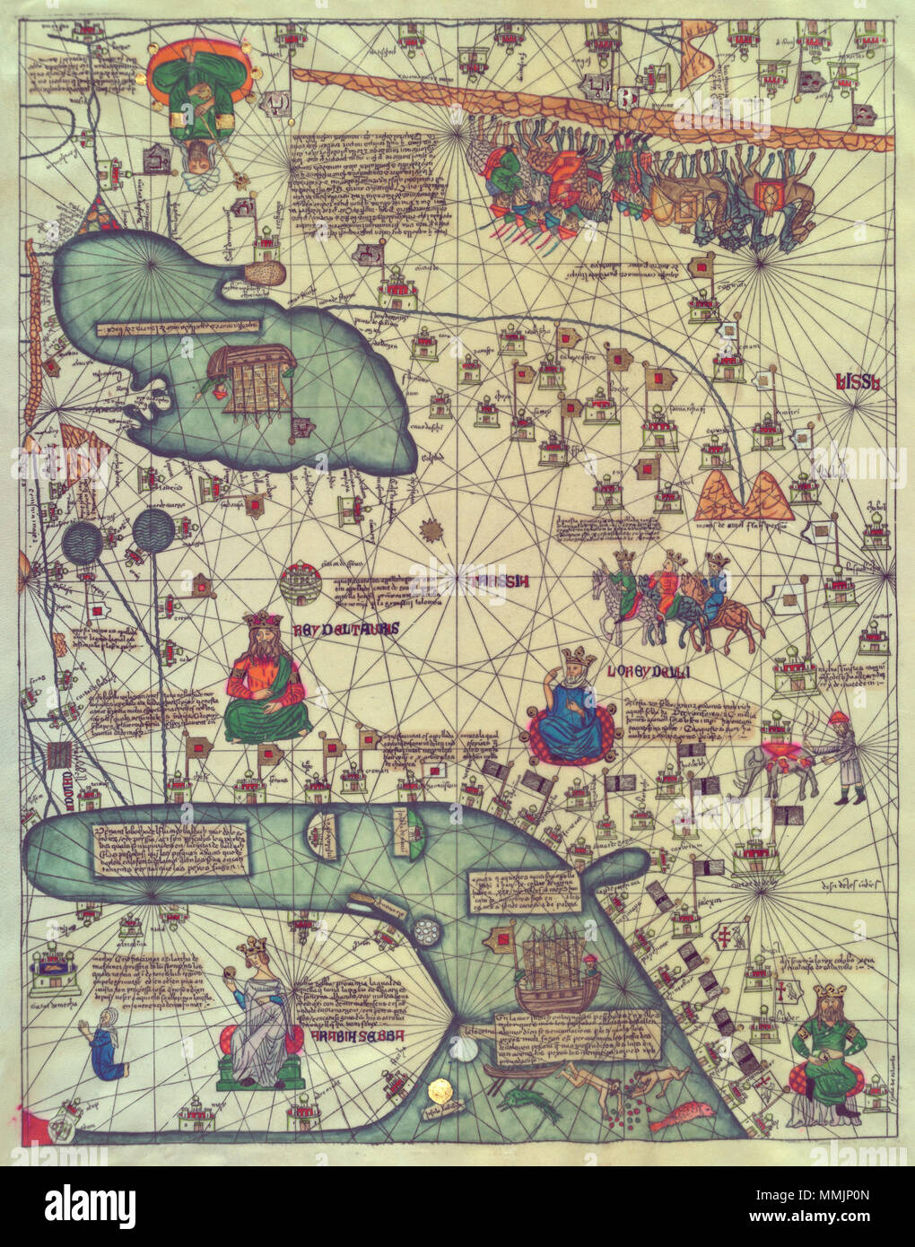 Catalan Atlas Abraham Cresques (died 1387) with his son Jehuda Cresques . Map of the Middle East from the Catalan Atlas of 1375 . 1375.