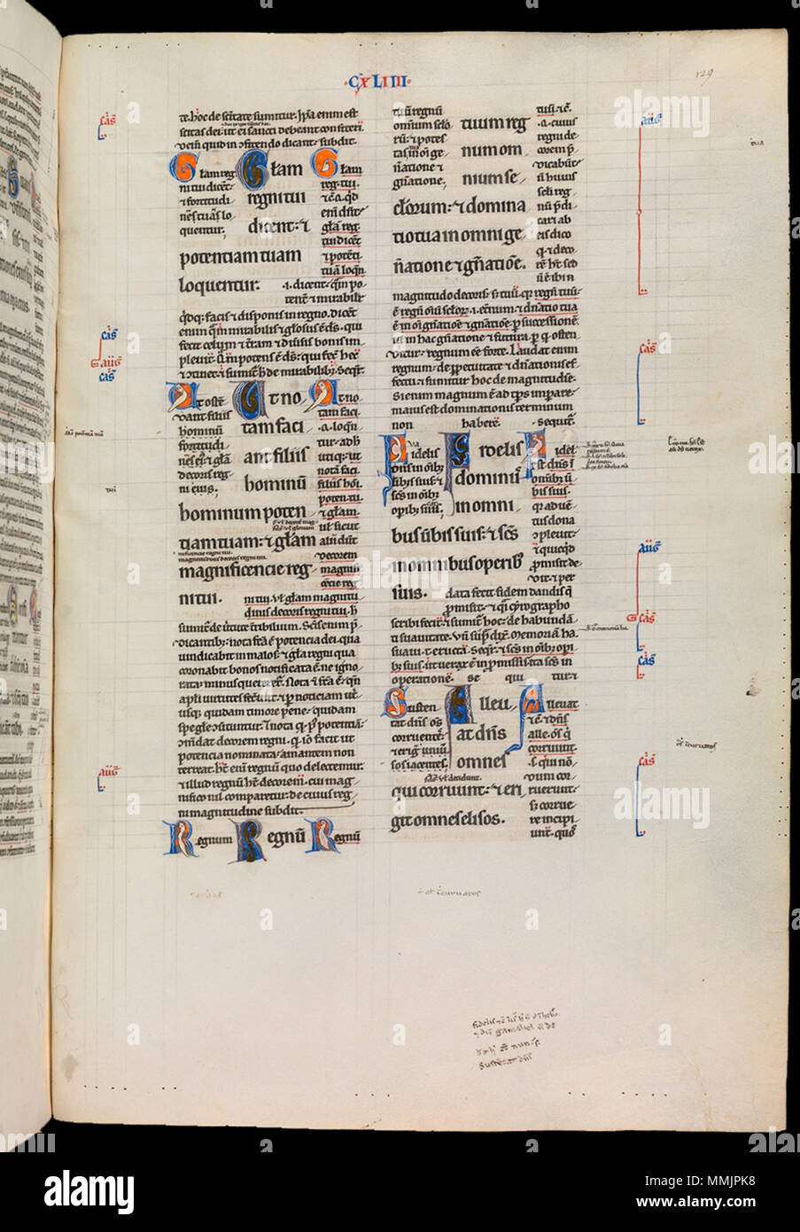 . English: Herbert of Bosham, Peter Lombard's Commentary on the Psalter, part II (PSALMS 74–150) Paris?, c. 1173–77, 20 x 11 3/4 in. (50.8 x 29.8 cm), MS. Auct. E. inf. 6, one of four volumes, fol. 129r This work was compiled by Herbert of Bosham (died c. 1194), a Hebraist in the household of Thomas Becket, archbishop of Canterbury. Twelfth-century Christian theologians often turned to Jewish commentaries on the Bible to broaden their understanding of scripture. Bosham consulted a Jewish scholar, whom he called 'my grammarian.' At bottom is a note: 'The Hebrew does not have this verse [in Psal Stock Photo