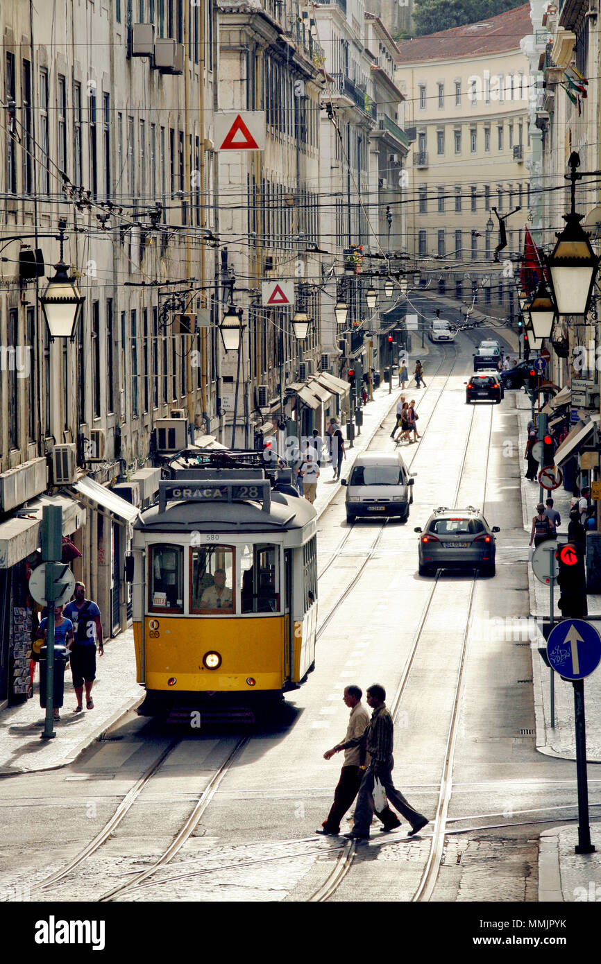 Tram No. 28 on Rua da Conceição Street, Lisbon, Portugal Stock Photo