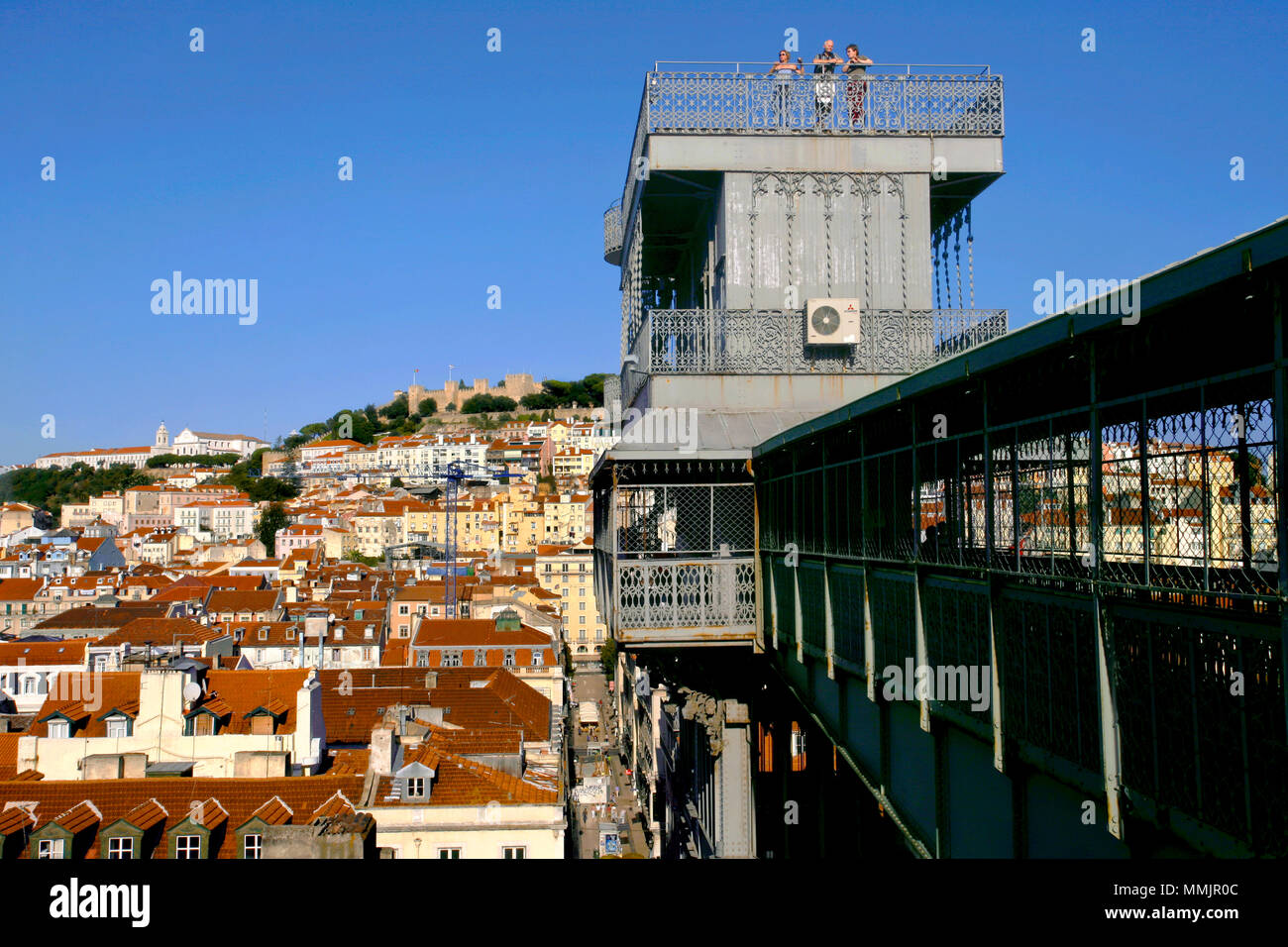 Enjoying the views from the top of the Santa Justa Lift / Elevador de Santa Justa, Lisbon, Portugal Stock Photo