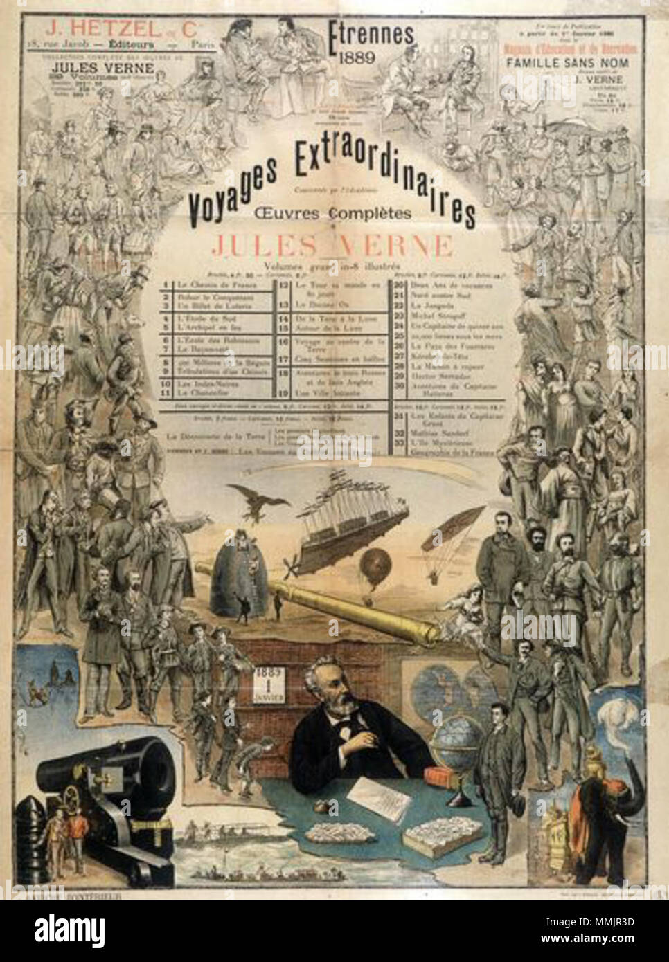 English: Poster commissioned by Pierre-Jules Hetzel in 1889 to advertise  the Voyages Extraordinaires series by Jules Verne. . 1889. Unknown 1889  Verne poster Stock Photo - Alamy