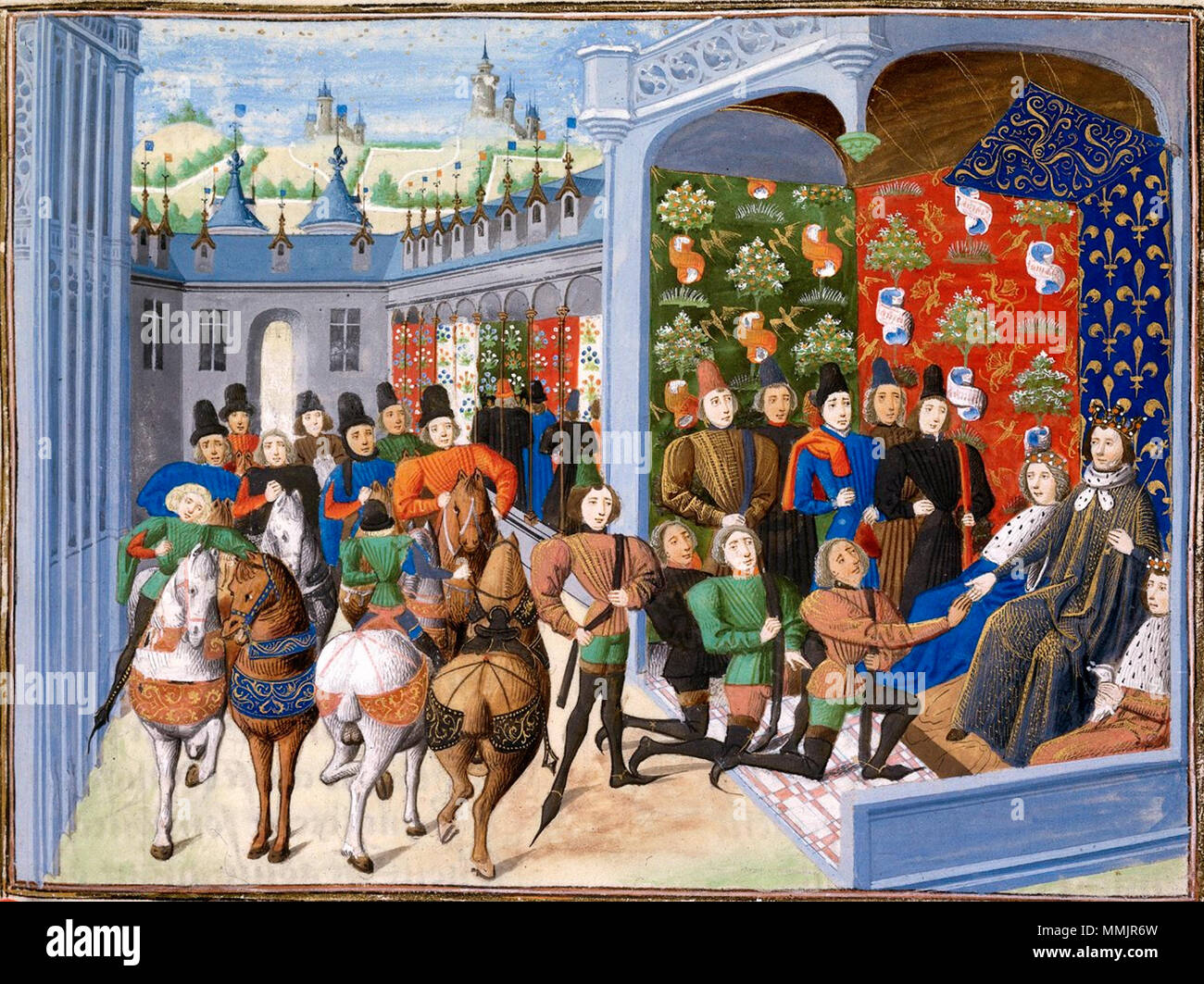 . English: Isabeau of Bavaria and Charles VI of France at the Treaty of Troyes. Illuminated miniature from Jean Froissart's Chroniques, BL Harley 4380. . between circa 1470 and circa 1472. Isabeau of Bavaria and Charles VI at the Treaty of Troyes Stock Photo