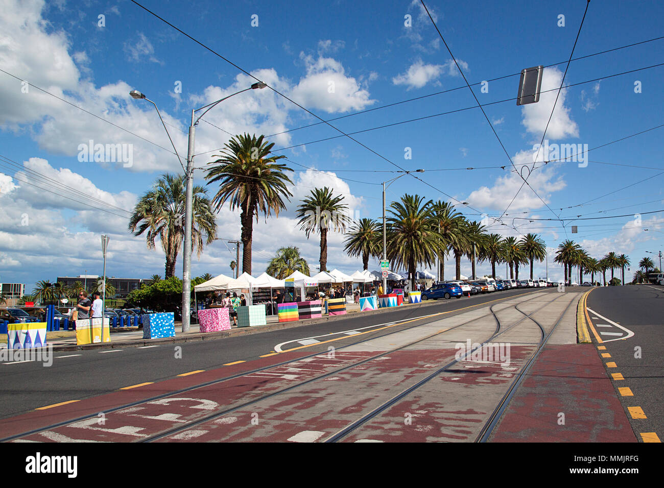 Melbourne, Australia April 08, 2018 Sunday market stalls in St Kilda with the colourful newly