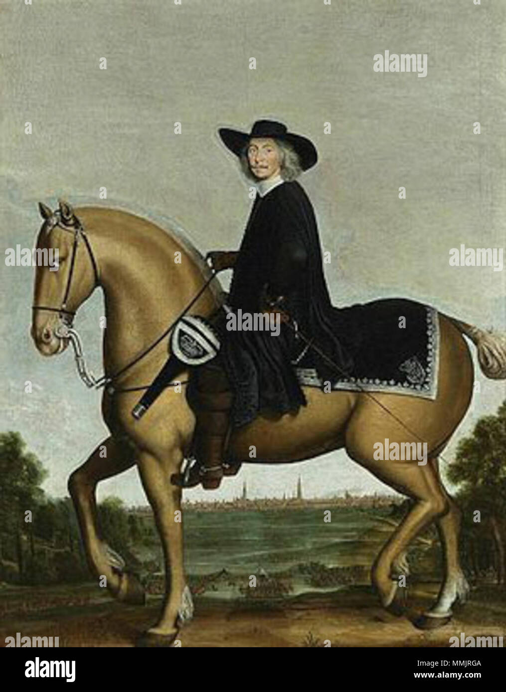 .  Nederlands: Portret van Bernhard von Galen, bisschop van Munster te paard met op de achtergrond de stad Groningen (1674) Wolfgang Heimbach.  Portrait of Bernhard von Galen. 1674. Christoph Bernard von Galen on Horse by Wolfgang Heimbach-flipped version Stock Photo