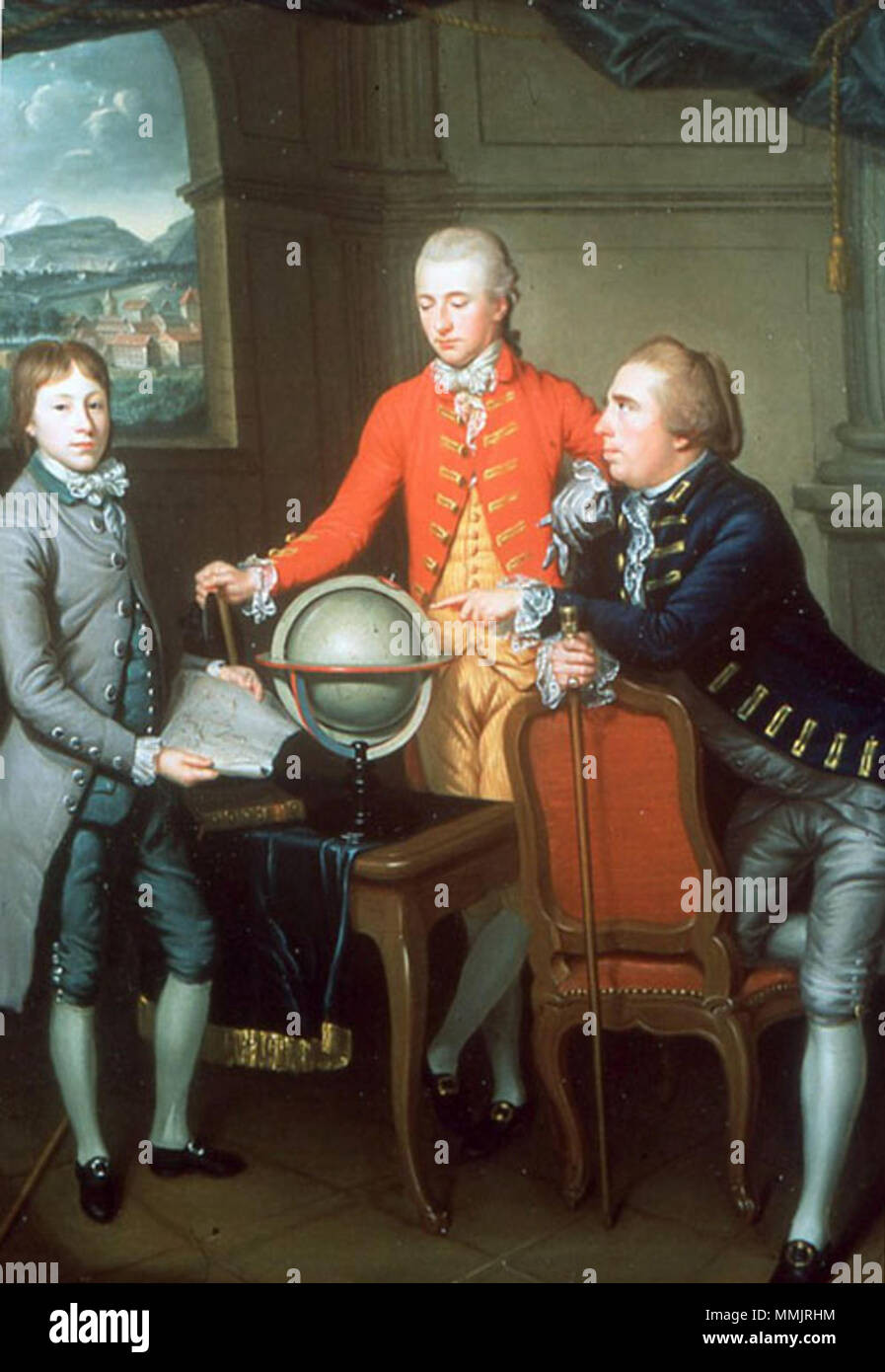 .  English: Portrait of Douglas, 8th Duke of Hamilton, on his Grand Tour with his physician Dr John Moore and the latter's son John. Two sitters are full length, point to Great Britain on a globe and look to the Duke. A view of Geneva is in the distance. Provenance: Douglas, 8th Duke of Hamilton, the sitter; John Rushout, 2nd Baron Northwick; Northwick sale, Phillip's 1859; William, 11th Duke of Hamilton and by descent: Hamilton Palace sale, Christie's 1919; Colonel and Mrs Pollen, and by descent; Phillip's, 1991. Acquired with the help of the Art Fund for the National Museums of Scotland in 1 Stock Photo