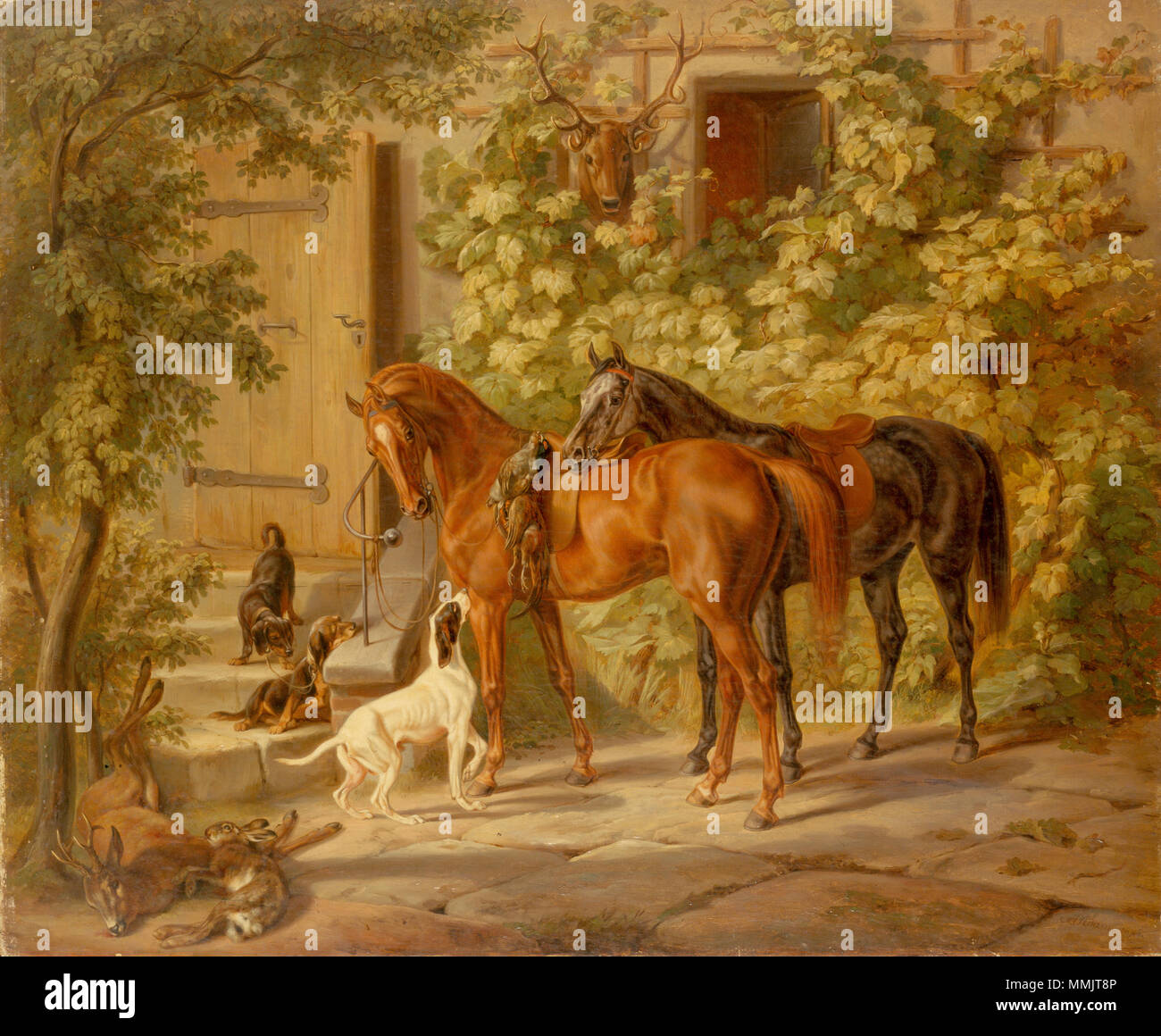 English Horses at the Porch . 1843. Adam, Albrecht Horses at the