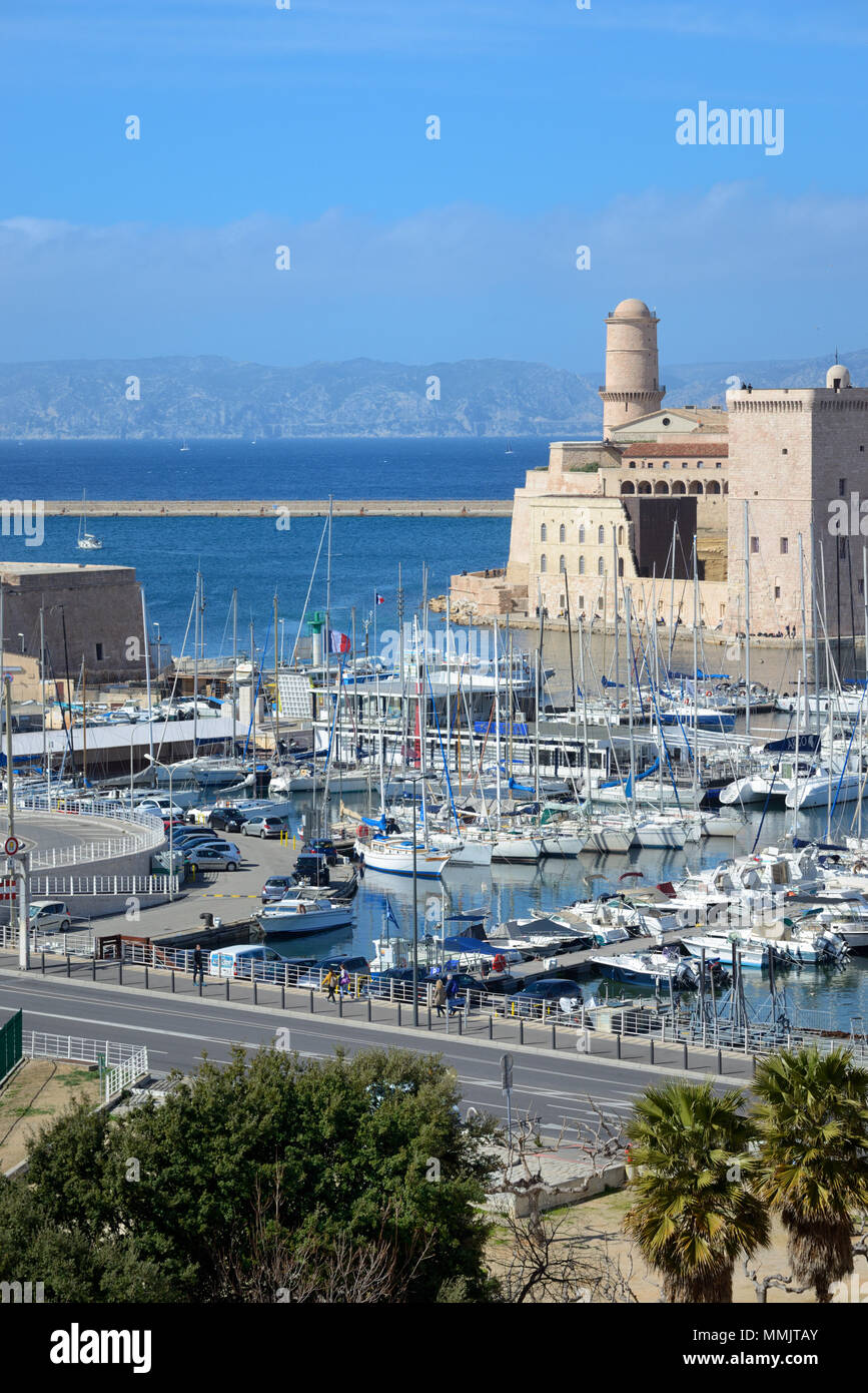 Fort Saint Jean and Marina at the Entrance to the Vieux Port or Old Port Marseille Provence Stock Photo